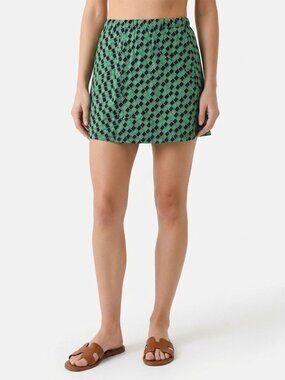Vintage Match Point Green Geometric Tennis Skirt Elastic Waist Sporty Athletic